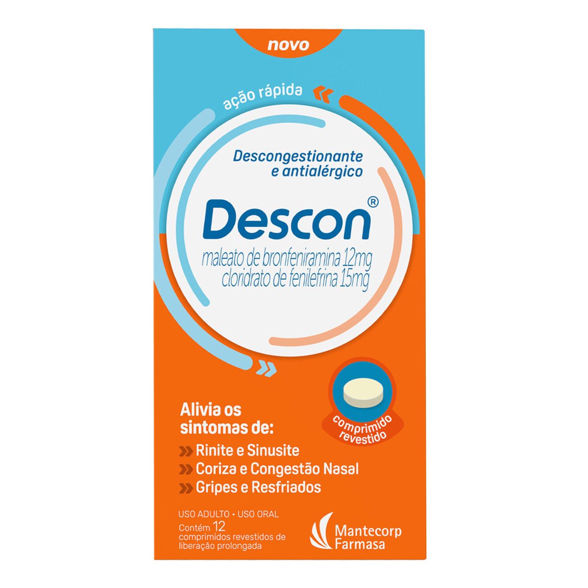 Antialérgico e Descongestionante Descon 12mg + 15mg 12 Comprimidos Revestidos