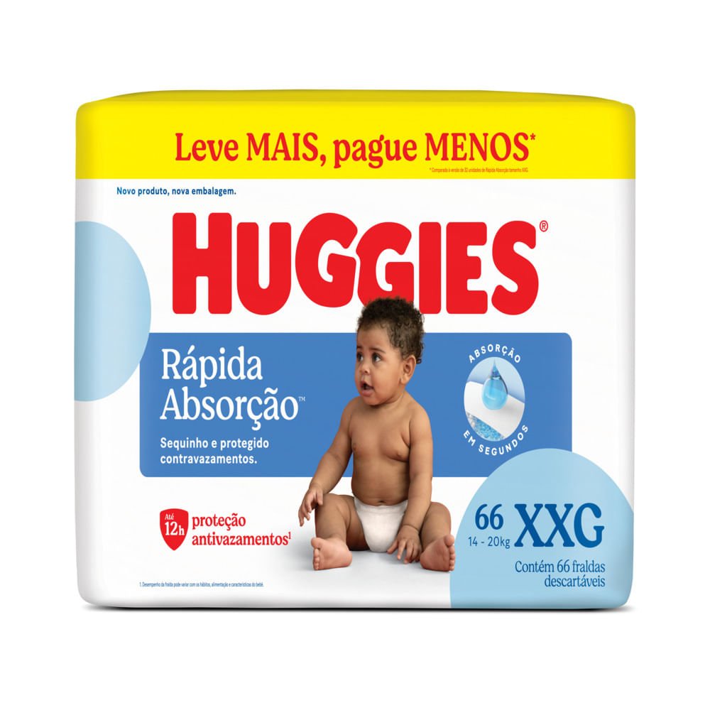 Fralda Huggies Rápida Absorção XXG com 66 Unidades