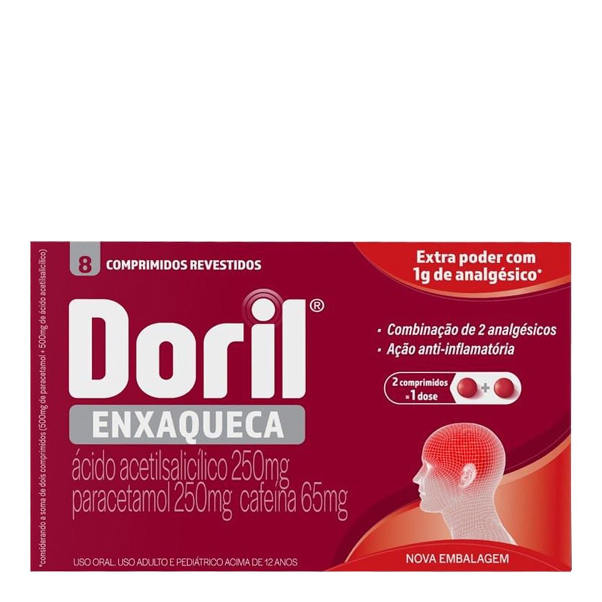 Analgésico e Antitérmico Doril Enxaqueca 250mg + 250mg + 65mg 8 Comprimidos