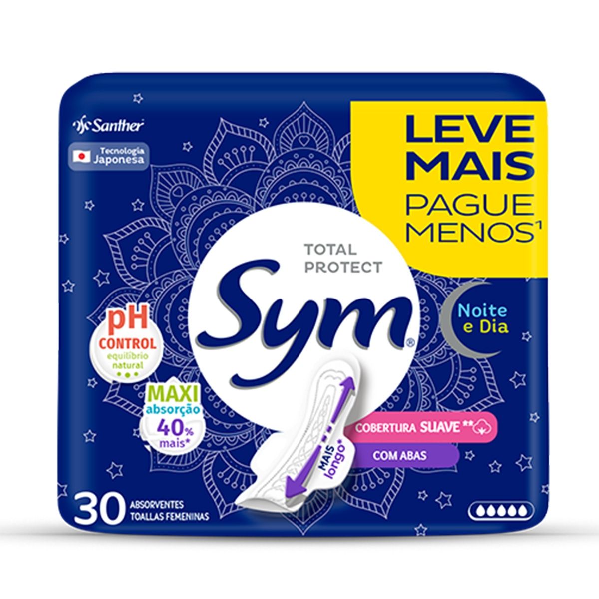 Absorvente Sym Total Protect Noite e Dia Cobertura Suave Com Abas 30
